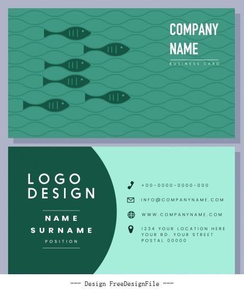 Business card template flat fishes green vector graphics