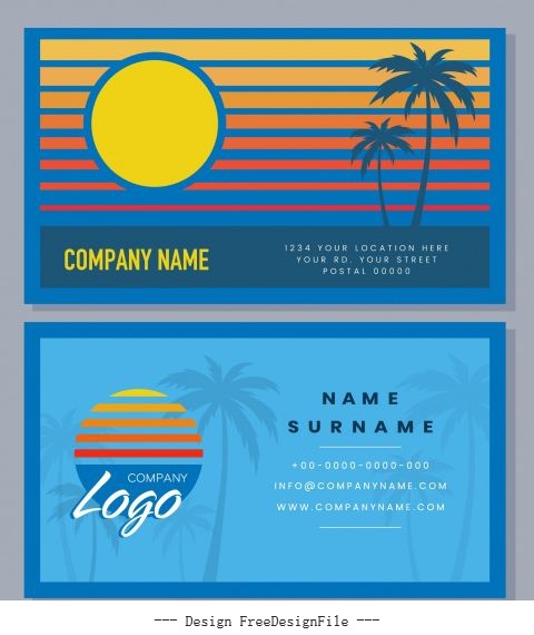 Business card templates sunset scene theme coconut set vector
