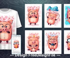 Cartoon 3d t-shirts with mult funny pig vector