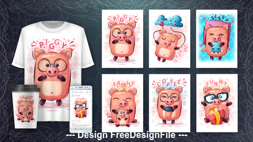Cartoon 3d t-shirts with mult funny pig vector