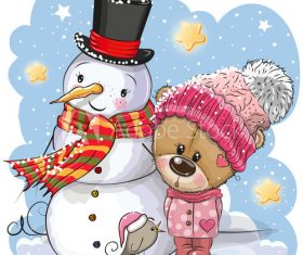 Cartoon cute animals on winter background vector