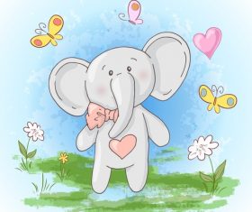 Cartoon elephant with butterfly and flowers vector