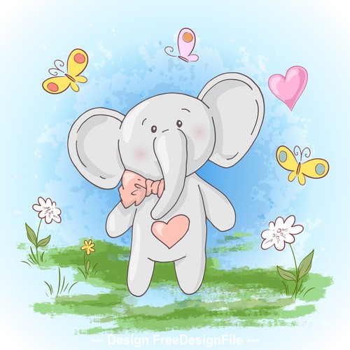 Cartoon elephant with butterfly and flowers vector