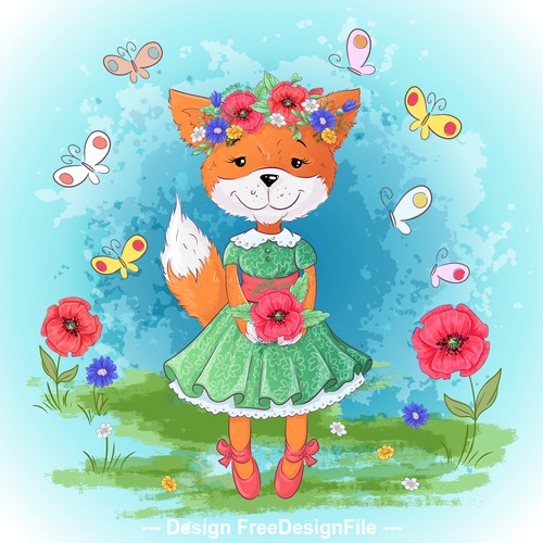 Cartoon fox with flowers vector