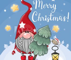 Cartoon gnome holding christmas tree greeting card vector