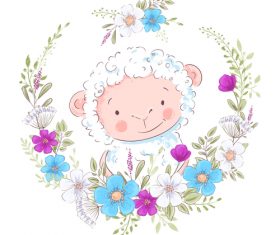 Cartoon sheep with flowers vector