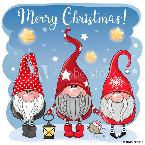 Cartoon three gnome christmas greeting card vector free download