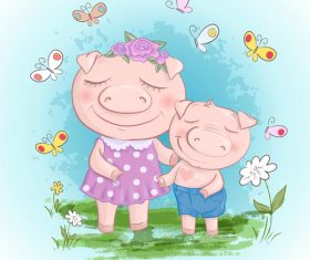 Cartoon two pigs with flowers vector