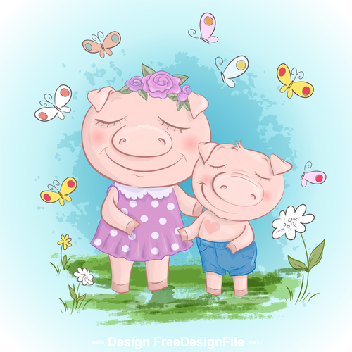 Cartoon two pigs with flowers vector
