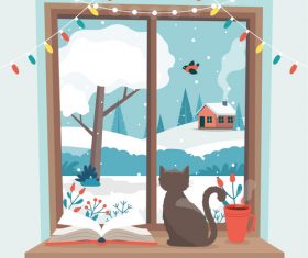 Cat on windowsill cartoon vector illustration