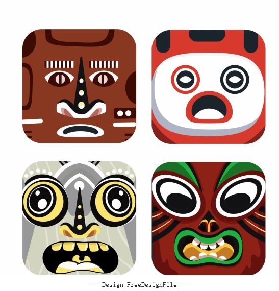 Characters masks templates colorful square emotional vector design