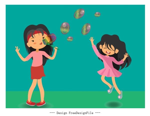Childhood background girls playing balloons cartoon characters vector