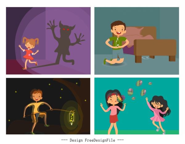 Childhood backgrounds kids emotions cartoon vector set