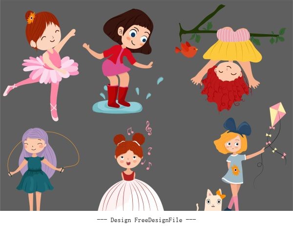 Childhood icons cute girls cartoon vector