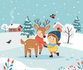 Children and elk cartoon vector illustration