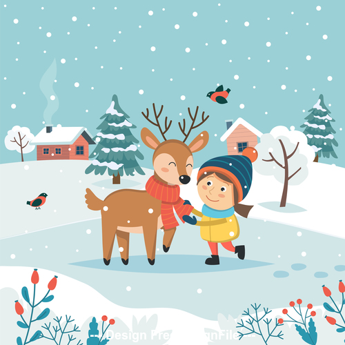 Children and elk cartoon vector illustration