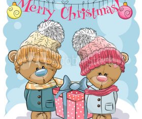 Christmas greeting card bear and gift cartoon vector