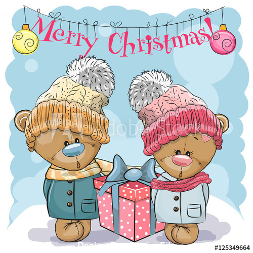 Christmas greeting card bear and gift cartoon vector