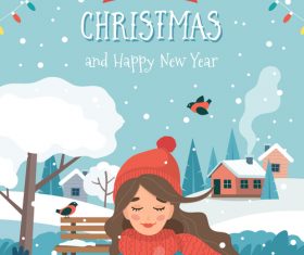 Christmas outdoor girl cartoon vector illustration