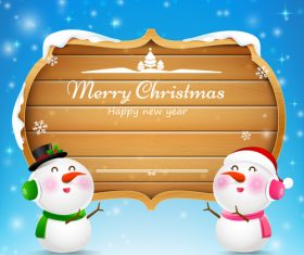 Christmas snowman and snowgirl wooden sign with text merry christmas vector