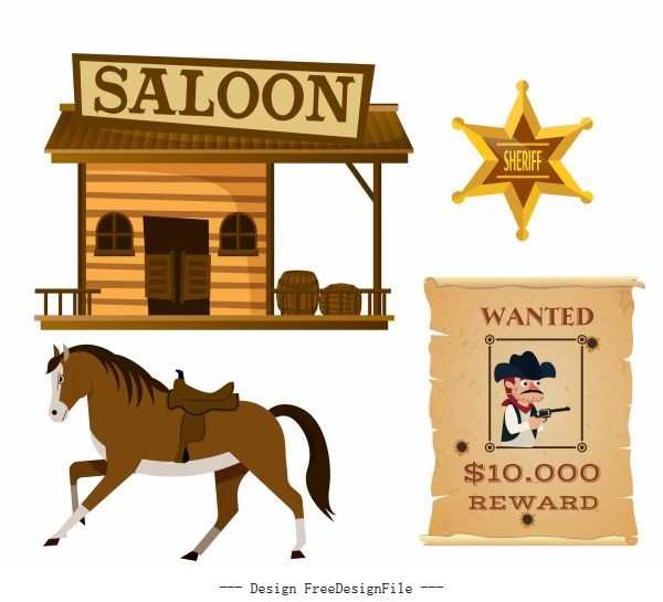 Cowboy elements saloon horse medal wanted vector