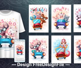 Cute 3d t-shirts with mult funny characters vector