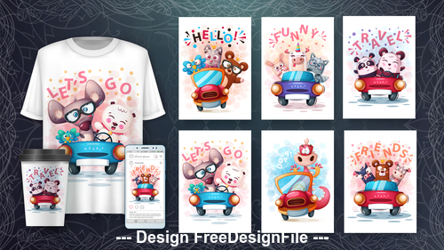Cute 3d t-shirts with mult funny characters vector