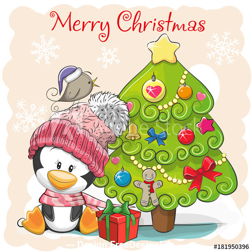 Cute penguin and christmas tree cartoon vector free download