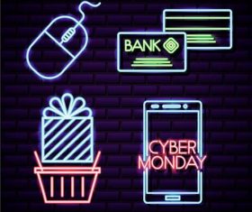 Cyber monday shop neon signboard vector