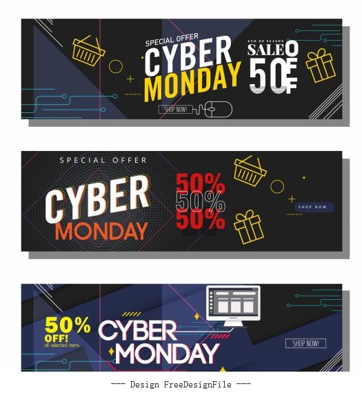 Cyber monday banner templates dark modern colorful dynamic vector