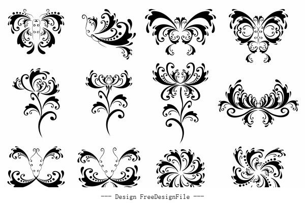 Black white symmetric swirled shapes design vectors