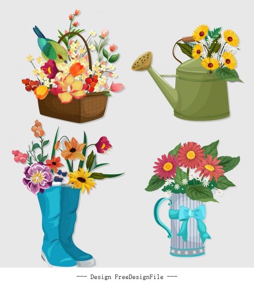 Decorative flower icons colorful symbols vector