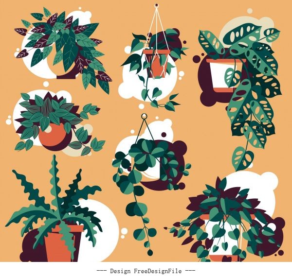 Decorative plant pot icons colored vector