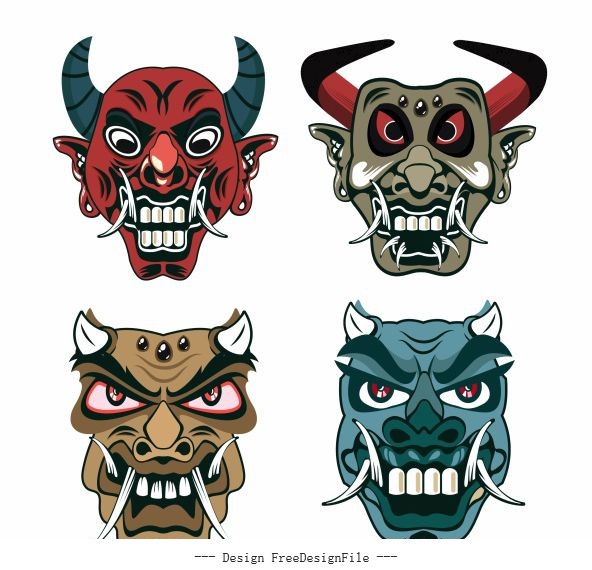 Devil mask horror horned faces vector