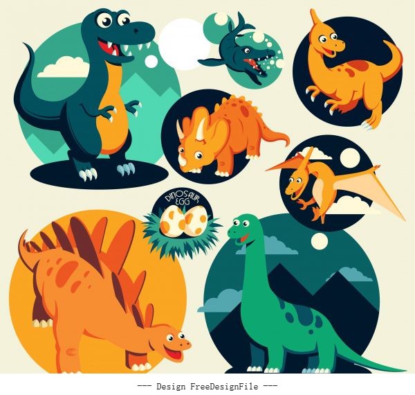 Dinosaur icons colored cartoon characters vector