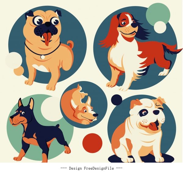 Dog avatar icons cute cartoon circle isolation vector