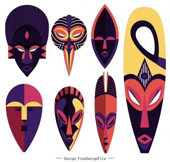 Ethnic mask templates frightening faces colorful symmetric vector