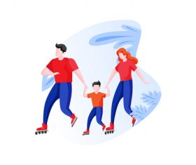 Family playing roller skates cartoon vector