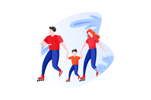 Family playing roller skates cartoon vector