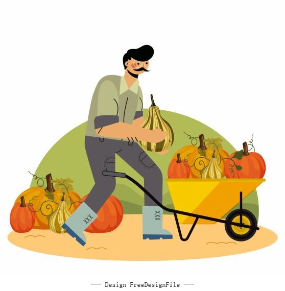 Farming work painting man pumpkins wheelbarrow vector material