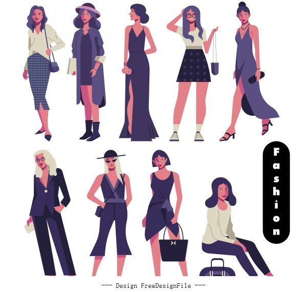 Fashion models icons modern elegant cartoon characters vector free download