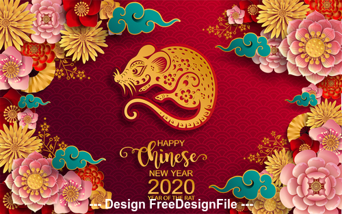 Flower and rat new year greeting card vector