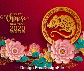 Flower decoration silhouette rat new year greeting card vector