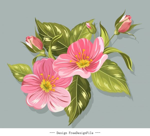Flower painting colored classical handdrawn vector
