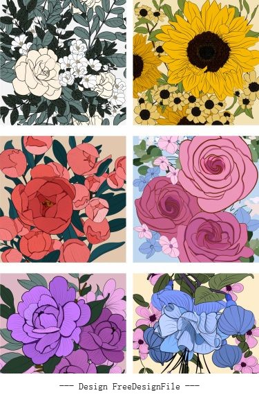 Flowers backgrounds colored classical closeup handdrawn vector
