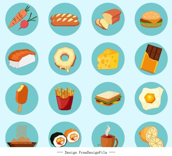Food drinks signs icons colorful circle isolation vector