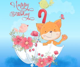 Funny cartoon animals with flowers card illustration vector