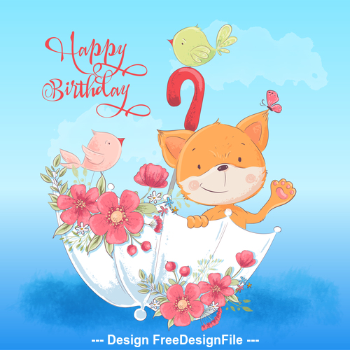 Funny cartoon animals with flowers card illustration vector