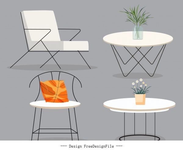 Furniture icons contemporary chair table objects 3d vector