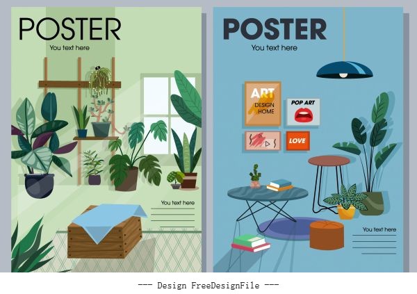Furnitures poster templates houseplants decor vector